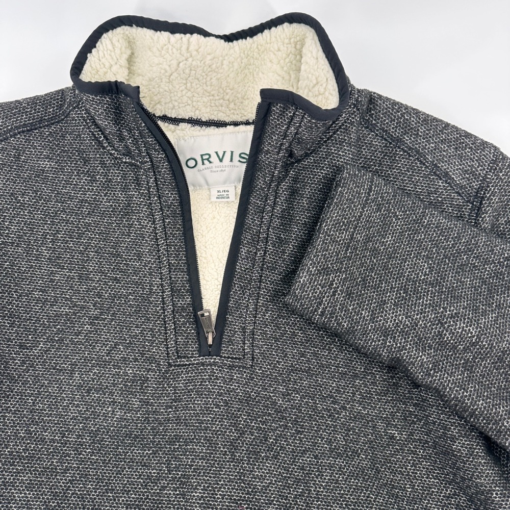 Orvis‎ Mens XL Pullover Sherpa Lined Quarter Zip Fleece Sweater Black Very Warm!